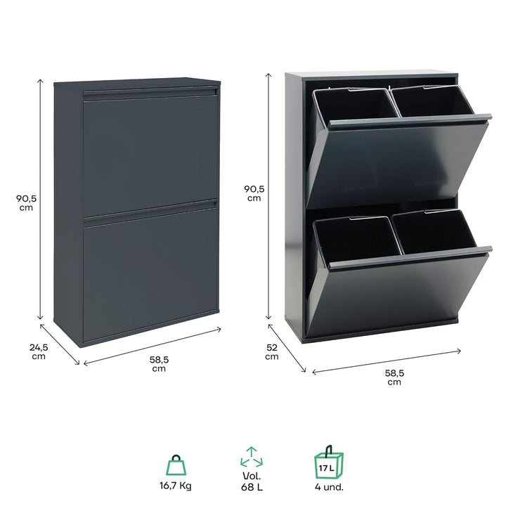 ARREGUI Basic CR604-B Recycling Abfalleimer/Mülleimer aus Stahl | Mülltrennsystem mit 4 entnehmbaren