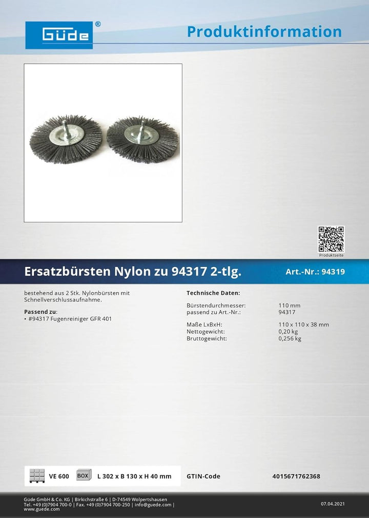 Güde Ersatzbürsten 2er Set Polyamid (Nylon) zum Fugenreiniger GFR 401