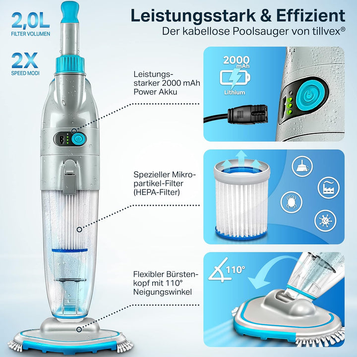 tillvex Poolsauger mit Akku | Pool Bodensauger Teleskopstange elektrisch | Poolreiniger mit Filter &amp;