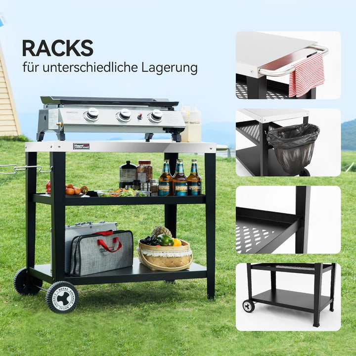 Royal Gourmet Servierwagen 3-Etagen mit Müllsackhalter Küchenwagen Edelstahl Beistelltisch Outdoor P