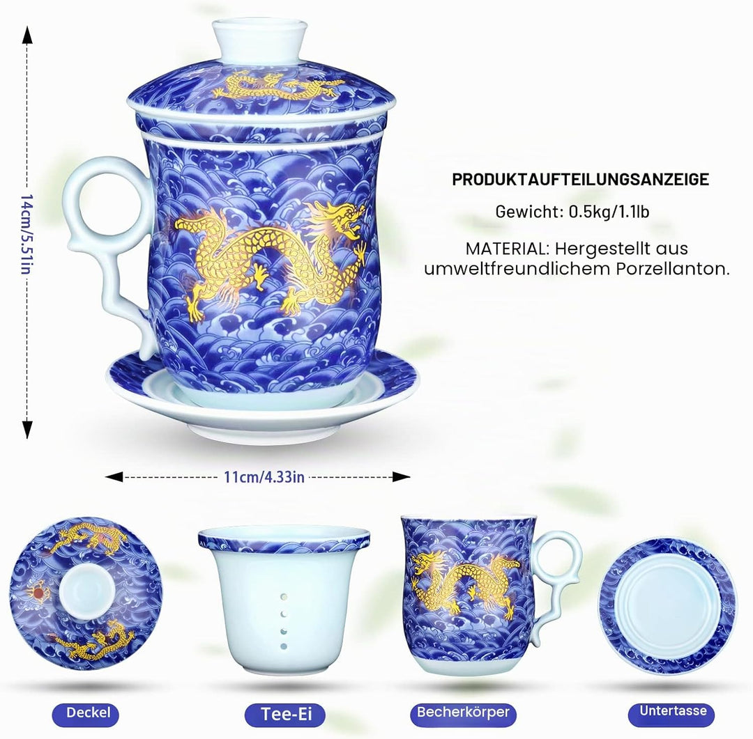 YURROAD 400ml Chinesische Teetasse, 4 in 1 Tee Becher Porzellan mit Sieb/Infusor/Deckel und Untertas