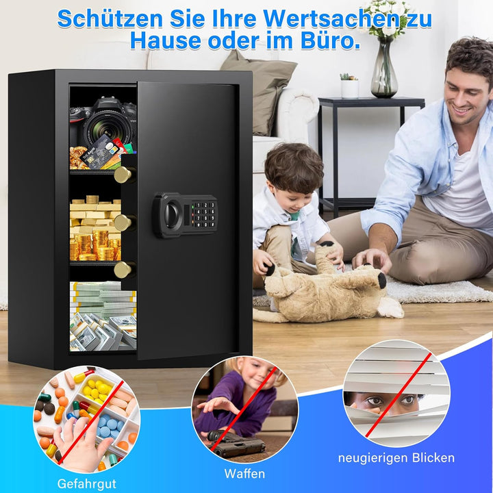 65L Grosser Feuerfester Tresor Safe mit Feuersichere Dokumententasche, Digitaler Möbeltresore mit 2