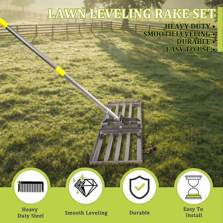 Rasenrakel 213 cm, 76 x 25 cm Rasen-Nivelliergerät aus Edelstahl, Ergonomischer Rasen-Nivellierreche