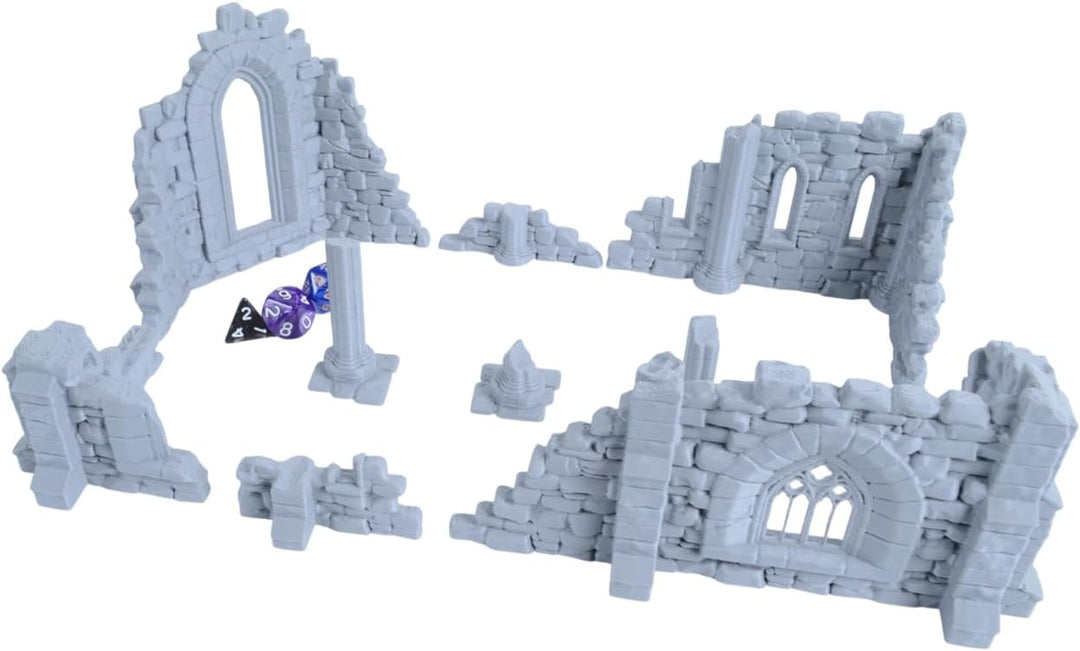 9er Set Klosterruinen für Tabletop – 28mm &amp; 32mm Gelände Gotische Ruinen, 3D-Druck aus PLA-Kunststof
