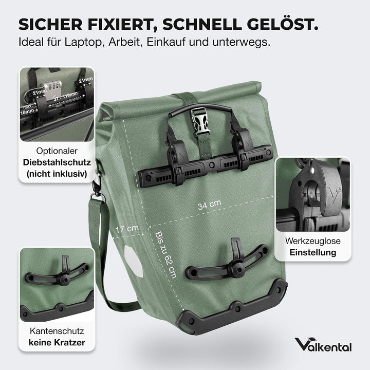 Valkental® 2in1 Reflektierende Gepäckträgertasche [28L] Abschliessbare Befestigung [PVC frei] Fahrra