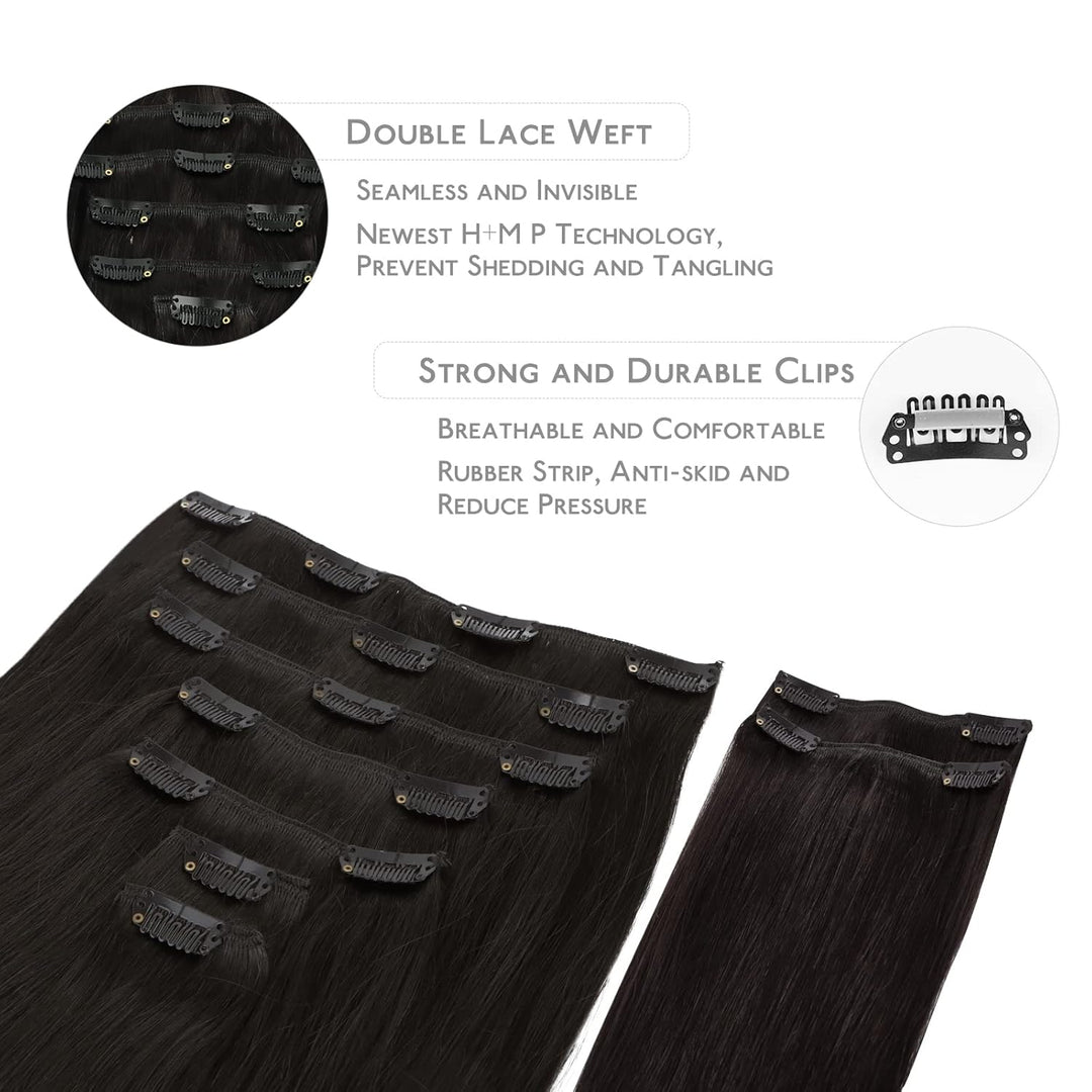 WENNALIFE Clip In Extensions Echthaar, 150g 55cm 9pcs Natürliches Schwarz Clip In Extensions Hair Ex