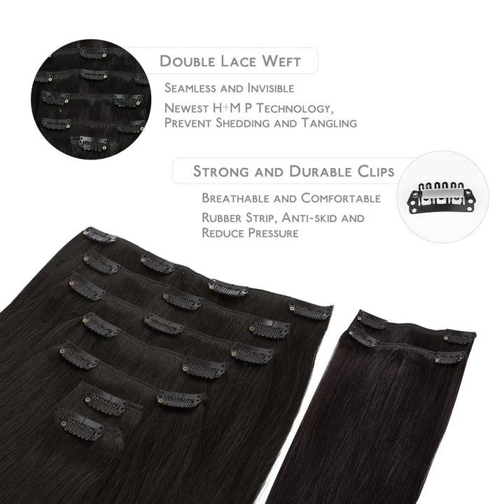 WENNALIFE Clip In Extensions Echthaar, 150g 35cm 9pcs Natürliches Schwarz Clip In Extensions Hair Ex