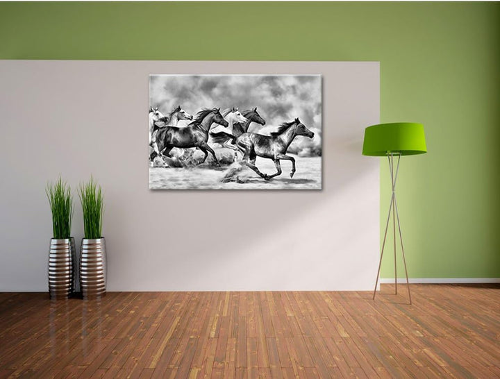 Pixxprint Western Pferde in Wüste / 100x70cm Leinwandbild bespannt auf Holzrahmen/Wandbild Kunstdruc