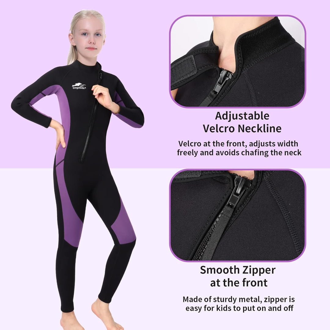 Gogokids Neoprenanzug Kinder, 8-16 Jahre Neopren Thermal Badeanzug, Front Zipper Lang Taucheranzug,