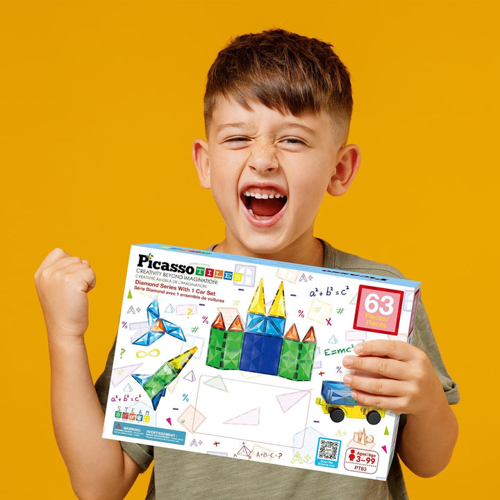 PicassoTiles Magnetische Bausteine in Diamantform, 63 Stück – Fliesenblöcke mit Auto und LKW – Set d
