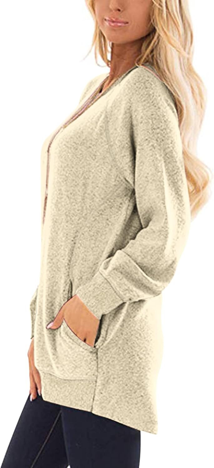 AUSELILY Damen Langarmshirts Rundhals T Shirts Blusen Tunika Sweatshirt Pullover Mit Taschen Beige02