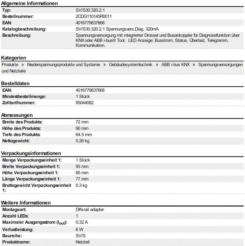 Spannungsversorg m Diagnosefunkt 320 mA ABB SV/S 30.320.2.1