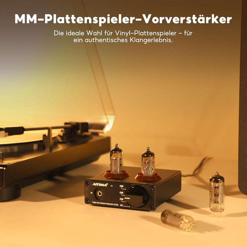 AIYIMA T3 Röhren HiFi MM Phono Vorverstärker für Plattenspieler-Vorverstärker mit Gain-Stereo-Audio