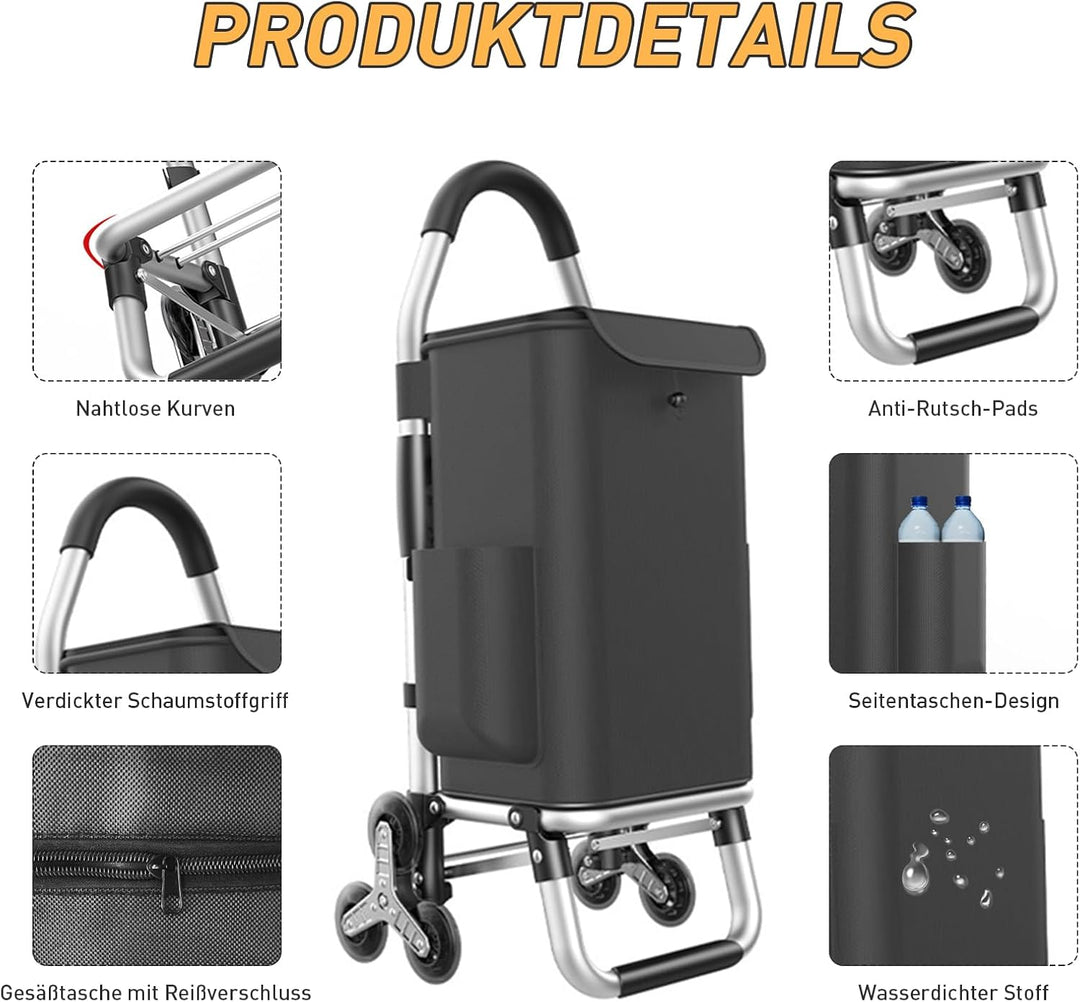 Einkaufstrolley Klappbar mit 56L Kapazität und Belastbar bis 50kg, 2 in 1 Multifunktions Mutige Alum