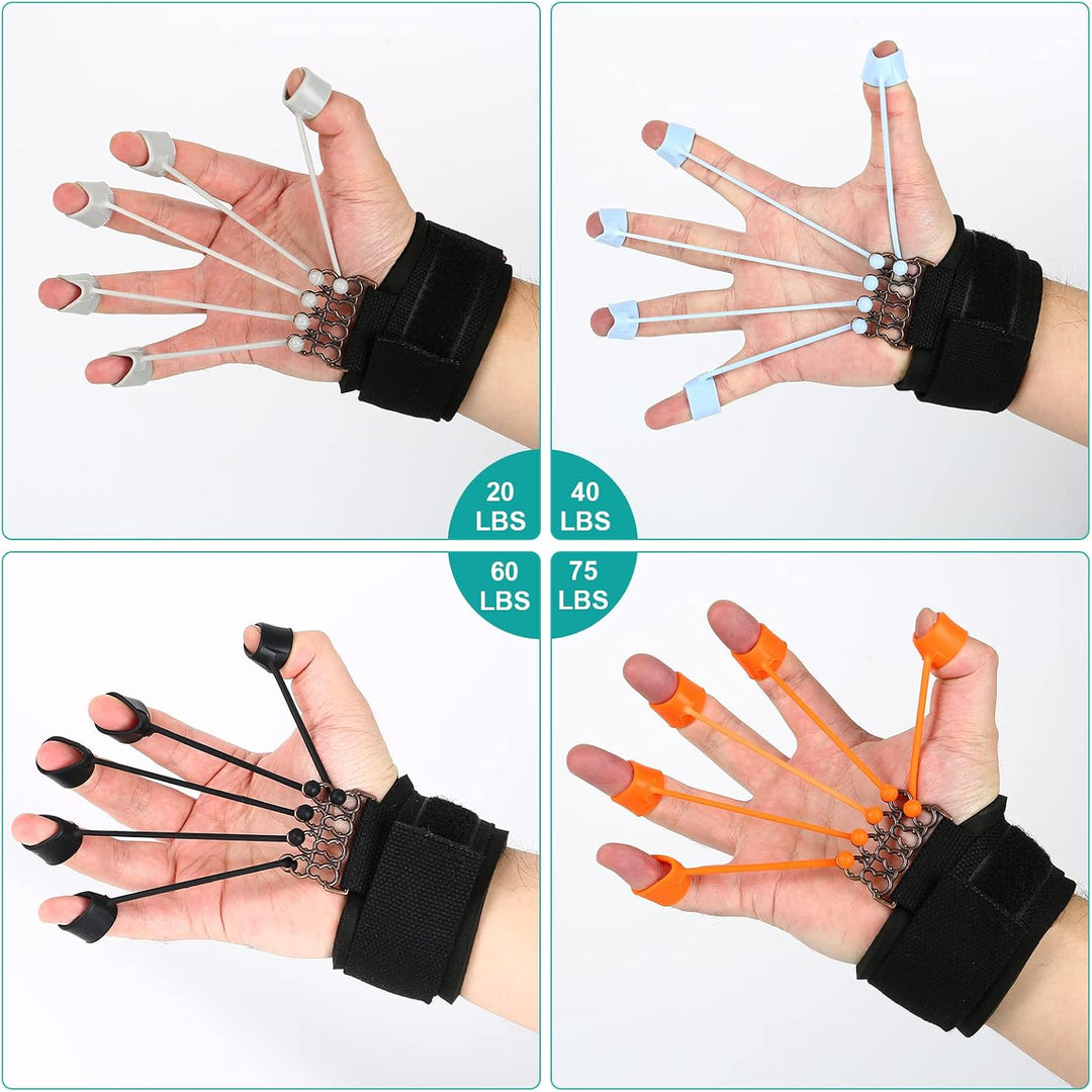 4 Pack Fingertrainer mit Armband，(20lb, 40lb, 60lb, 75lb) 4 in 1 Finger Extensor Exerciser Handgriff