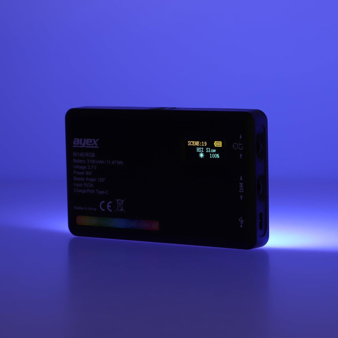 ayex vielseitige RGB LED Videoleuchte mit 20 Lichteffekten LCD-Display und integriertem Akku 20 Lich