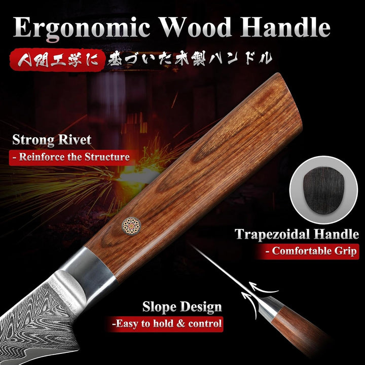 Dragon Creek Ausbeinmesser 19cm, Damaststahl, Präzises Fisch- und Fleischmesser, Ergonomischer Holzg
