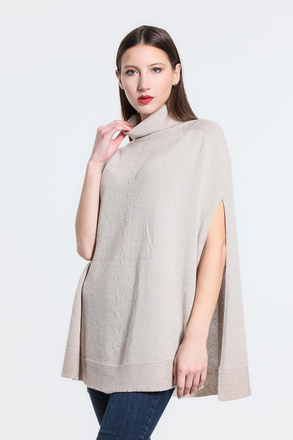 Damen Strickponcho Flechtmuster Rundhals Weich Herbst (Code 5348) Einheitsgrösse 8840 Beige, Einheit
