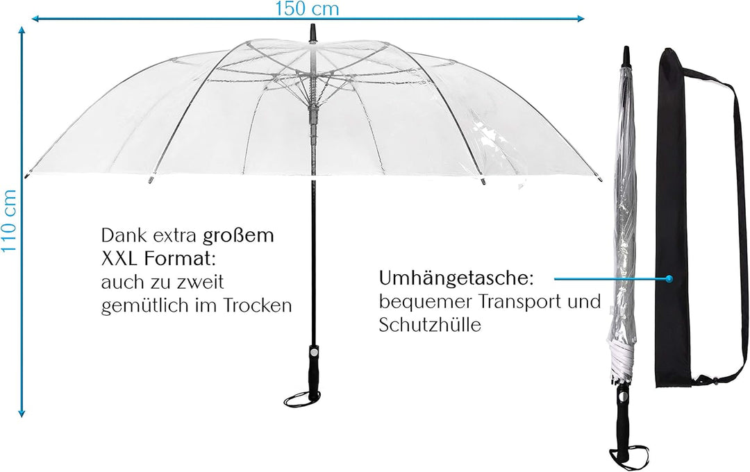 Sternenfunke Regenschirm sehr gross XXXL Ø150 cm transparent, Komfort Druckknopf, mit Tragehülle, Au