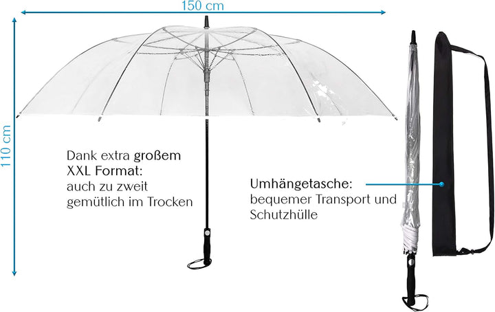 Sternenfunke Regenschirm sehr gross XXXL Ø150 cm transparent, Komfort Druckknopf, mit Tragehülle, Au