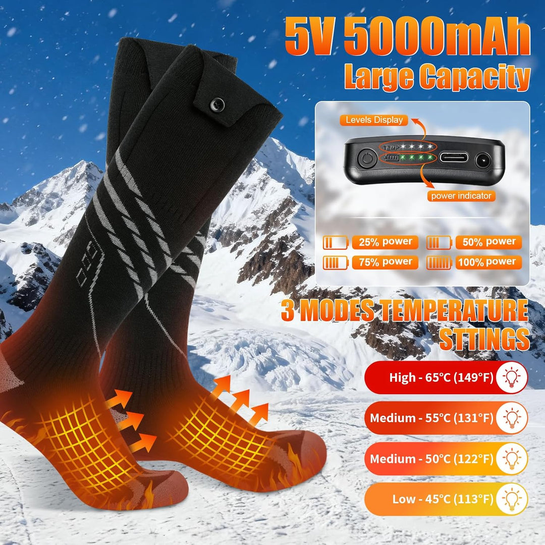 Beheizbare Socken Herren Damen Beheizte Socken mit 5000mAh/ 5V Wiederaufladbare Batterie, 4 Einstell