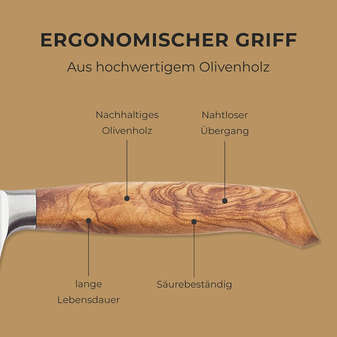 KÜCHENSCHARF Profi Universalmesser 9 cm mit Olivenholzgriff - Ergonomisches Kochmesser aus 100% Edel