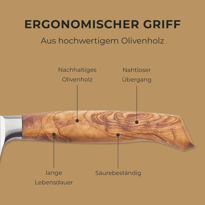 KÜCHENSCHARF Profi Universalmesser 9 cm mit Olivenholzgriff - Ergonomisches Kochmesser aus 100% Edel