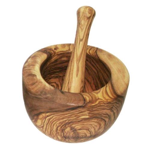 Mörser und Stössel Set, aus massivem Olivenholz, 16 cm Durchmesser, mit Einer traumhaft schönen Mase