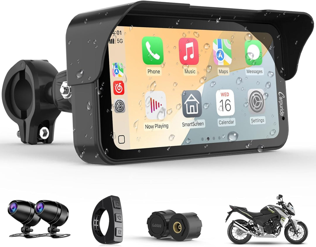 Carpuride W603DT für Motorrad mit CarPlay, Android Auto und TPMS–HD 1080p Dashcam, 6,3-Zoll-Touchscr
