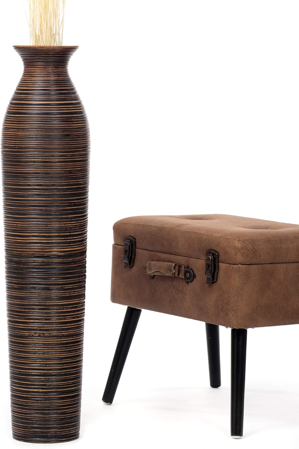 Leewadee Grosse Bodenvase für Dekozweige hohe Standvase Design Holzvase, Holz, 90 cm, Braun 90 cm Br