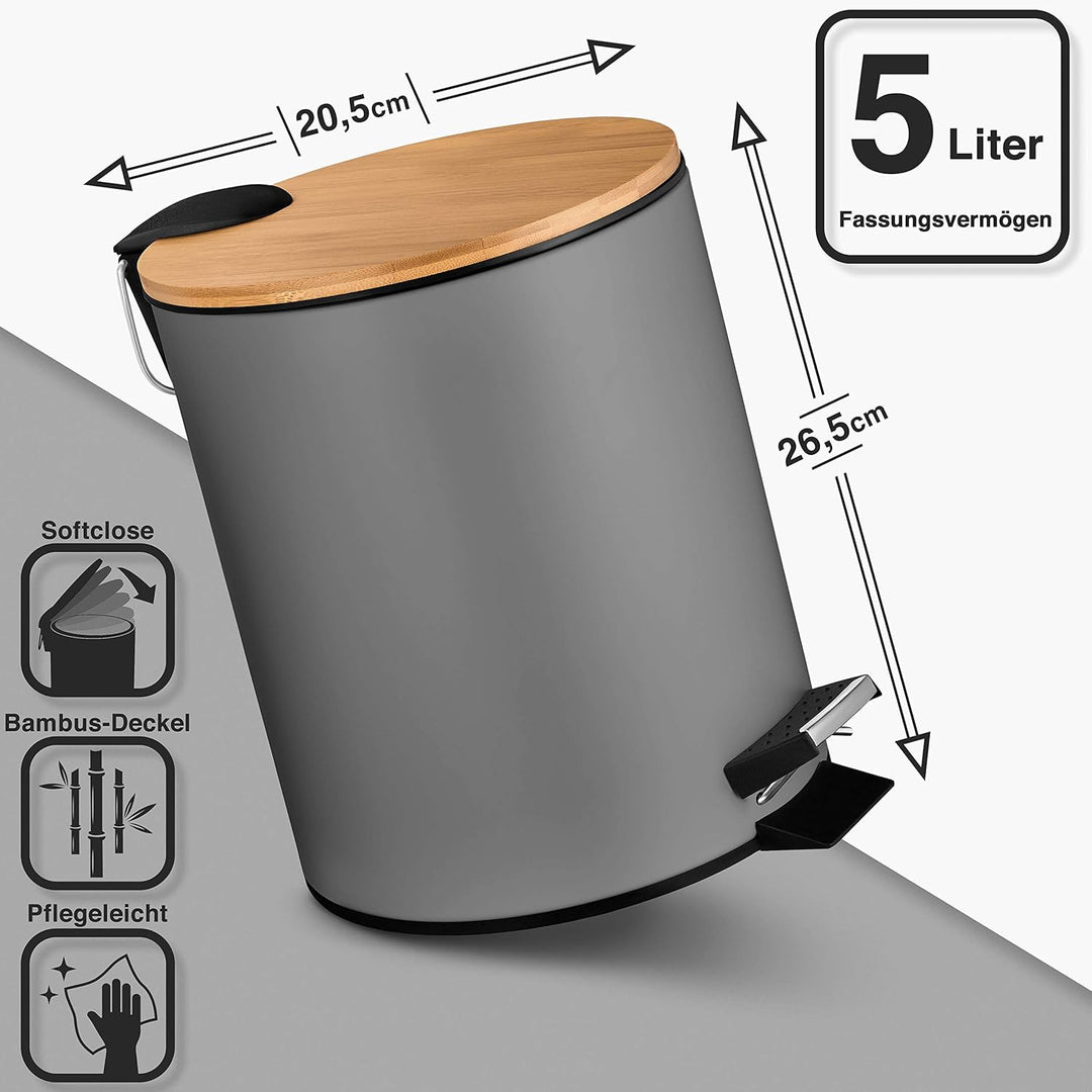 VMbathrooms 5L Kosmetikeimer in edlem grauem Design | Tretmülleimer mit Absenkautomatik (Soft Close)