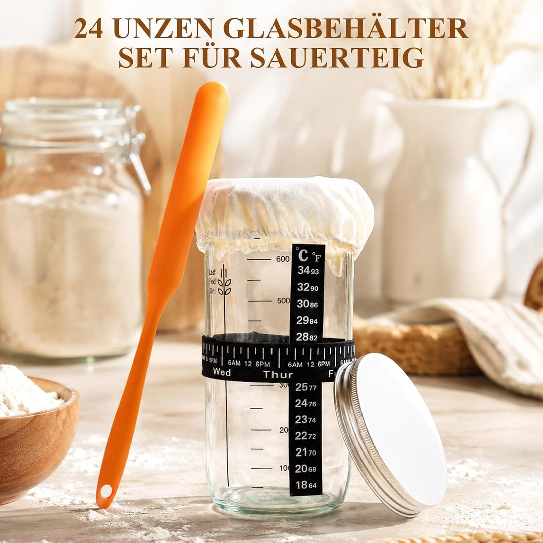 Gärkörbchen Sauerteig Starter Set, 2 Gärkorb (25cm Ovale & 23cm Runde), Brotbackset mit Sauerteig-Gl