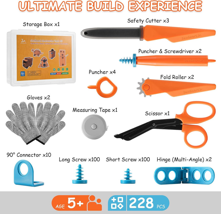 SainSmart Jr. Karton Werkzeug Kinder Set 228PCS – Multi-Kinder Bastelset für gemeinsames Bauen, Krea