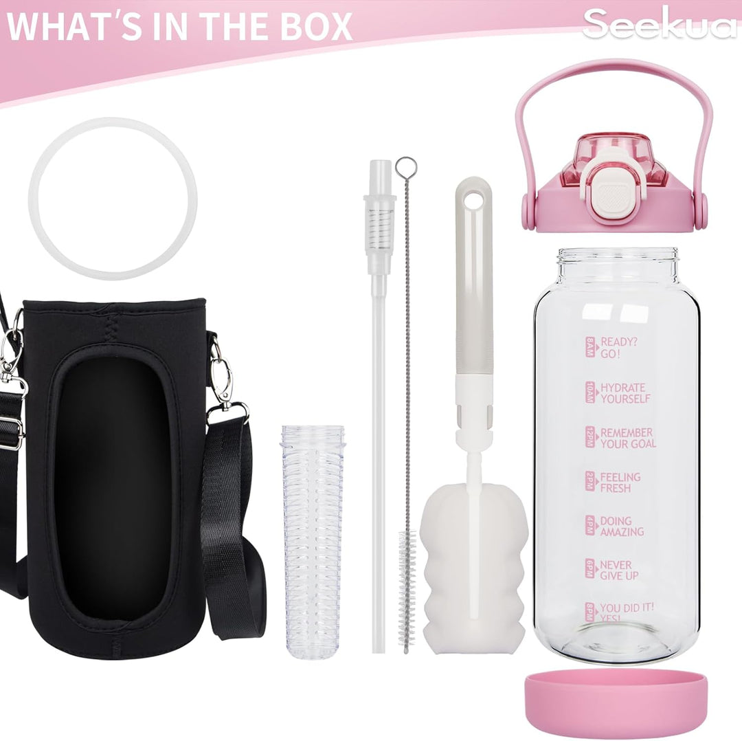 Seekua 1.5 liter Trinkflasche Glas Flasche mit Strohhalm & Zeitmarkierung, 1.5l Wasserflasche mit Fr