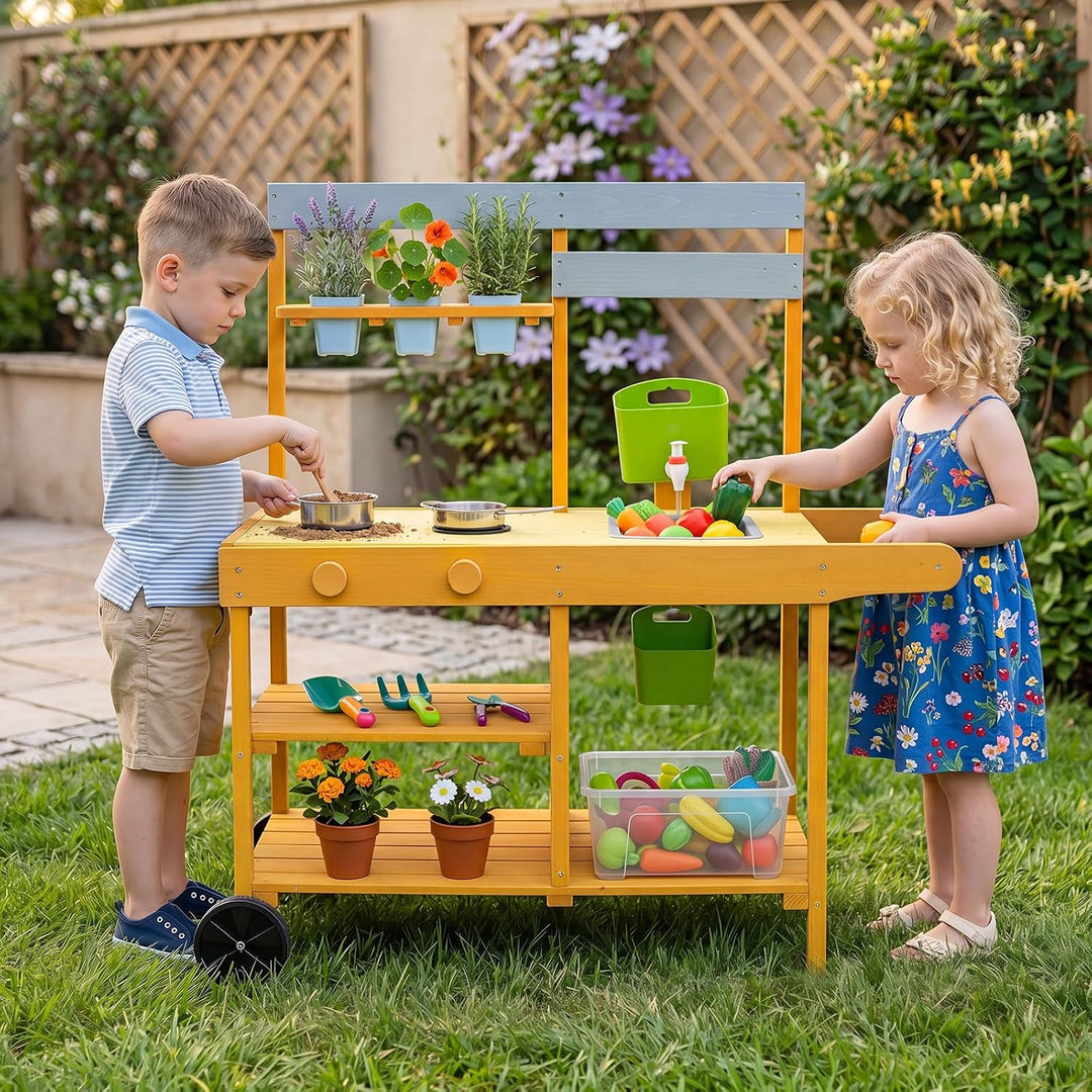DREAMADE Matschküche Kinder Outdoor, Spielküche mit Herd &amp; Kochzubehör | Kinderküche mit Griff &amp; 2 R