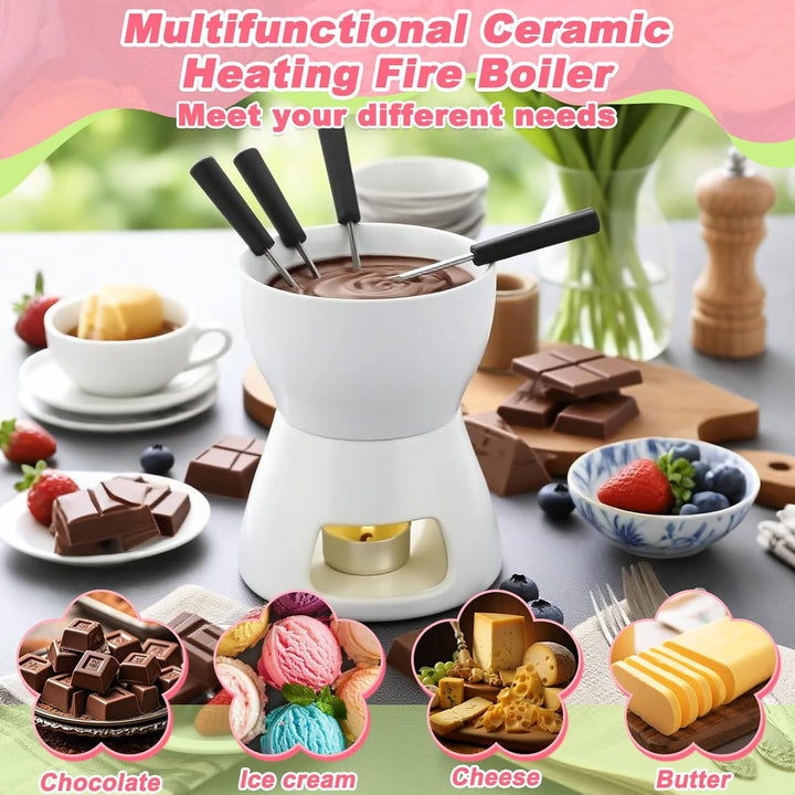 Keramik Schokofondue Tasse Set mit 4 Gabeln &amp; Teelichthalter, 300ml Schoko Fondue Tassen Butter Fond