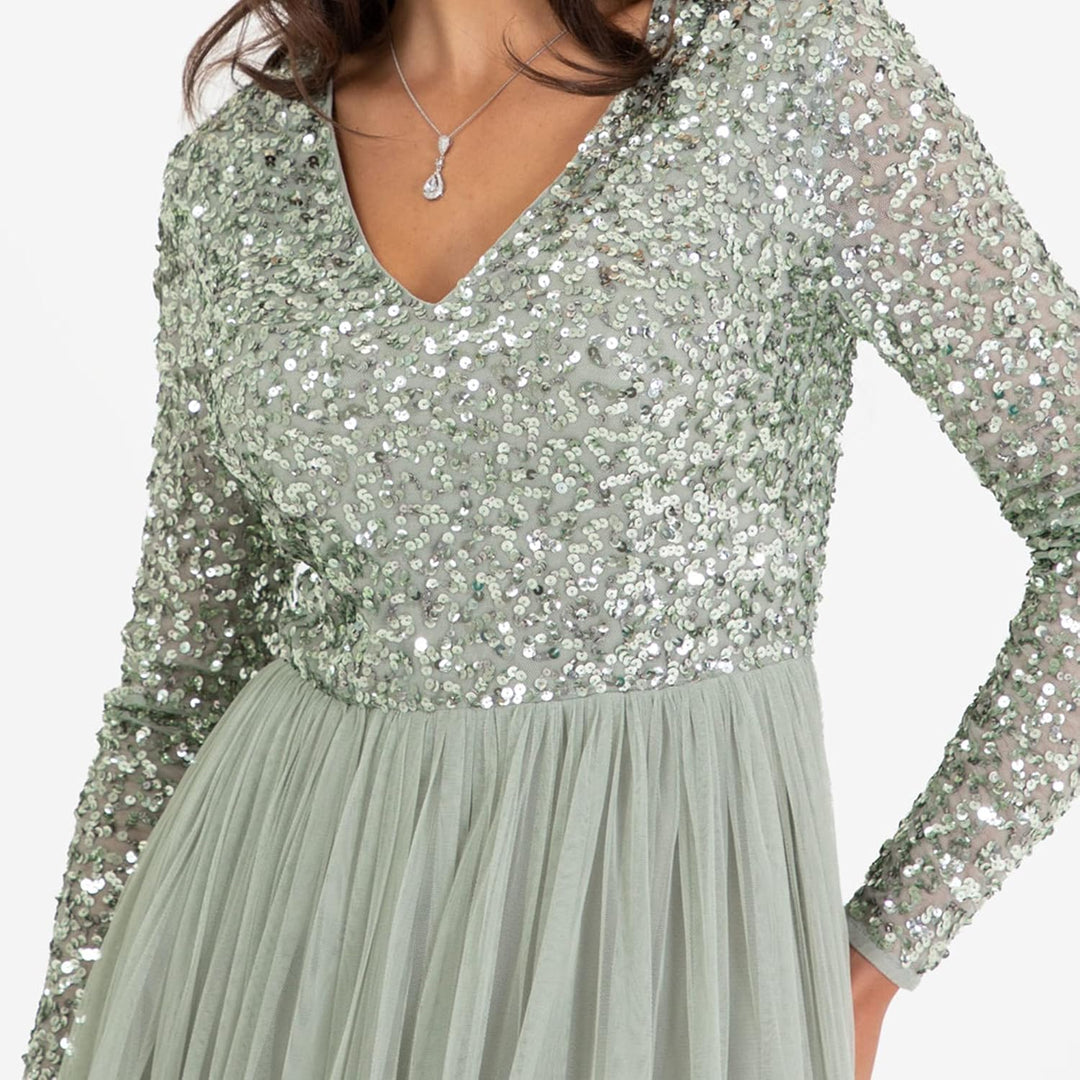 Maya Deluxe Damen Womens Ladies Dress Sleeve for Wedding Guest V Neck High Empire Waist Maxi Long Le