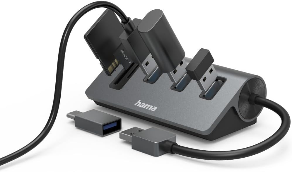Hama USB-Hub und Kartenleser 5 Ports (3x USB-A, 1x SD, 1x microSD, mit USB-C-Adapter, bis 5 Gbit/s,