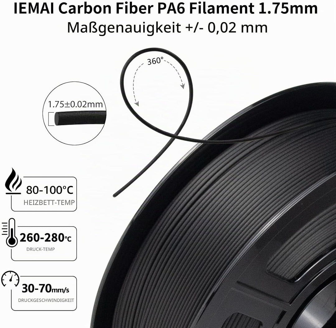 IEMAI Nylon Kohlefaser Filament 1Kg, PA6 CF 3D Drucker Filament, Hohe Festigkeit Carbon Fibre 1.75 m