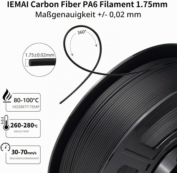 IEMAI Nylon Kohlefaser Filament 1Kg, PA6 CF 3D Drucker Filament, Hohe Festigkeit Carbon Fibre 1.75 m