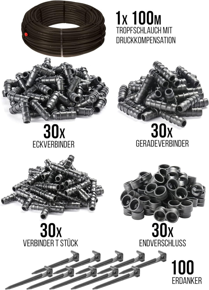 HaGa® Bewässerungsset - Tropfschlauch 16mm in 100m Länge mit Druckkompensierung inkl. Zubehör - Perl