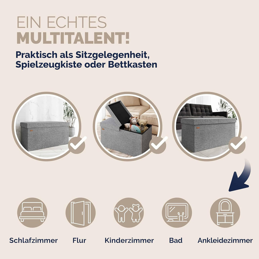 Casaria® Sitzbank mit Stauraum 80x40x40cm Hellgrau Deckel Klappbar Gepolstert Faltbar Stoff 100L Sta
