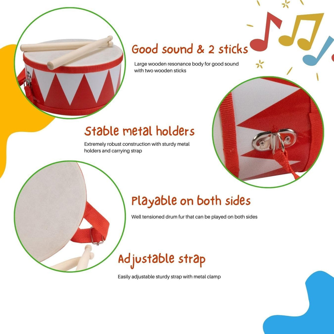 Trommel für Kinder rot-Weiss Musikinstrument aus Holz mit Trageriemen und Sticks D: 20 cm- 3845r