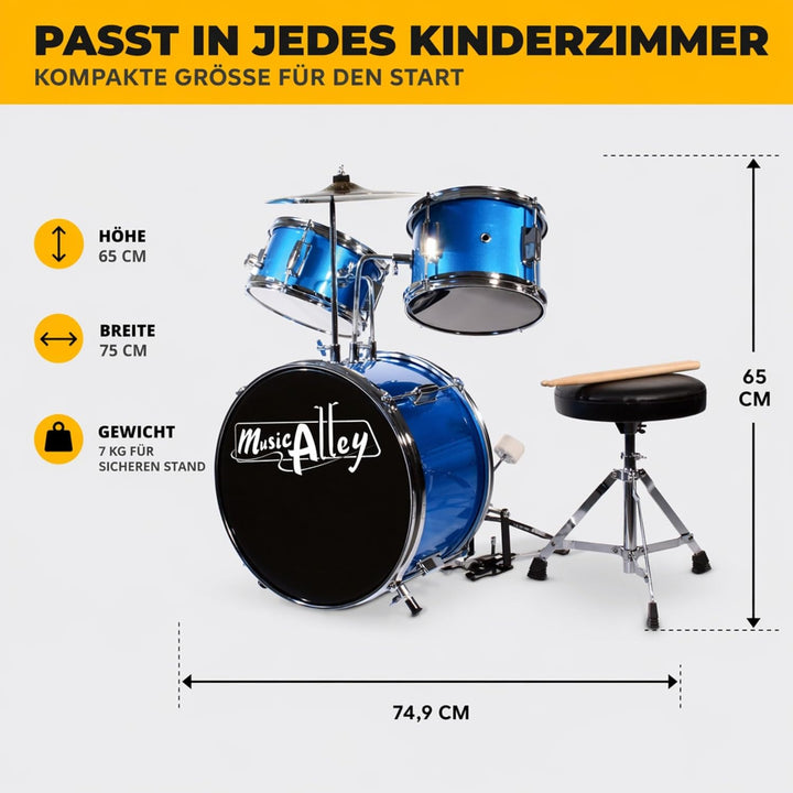 Music Alley Junior Drum Kit for Kids with Kick Drum Pedal, Drum Stool &amp; Drum Sticks - Blue Blue Sing