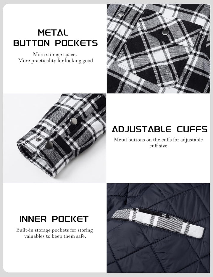 TACVASEN Herren Karierte Hemdjacke Flanellhemd Holzfällerhemd Thermohemd Jacke M Schwarz, M Schwarz