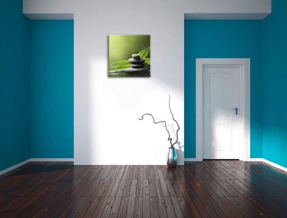 Zen Steine mit Blättern, Format: 70x70 auf Leinwand, XXL riesige Bilder fertig gerahmt mit Keilrahme