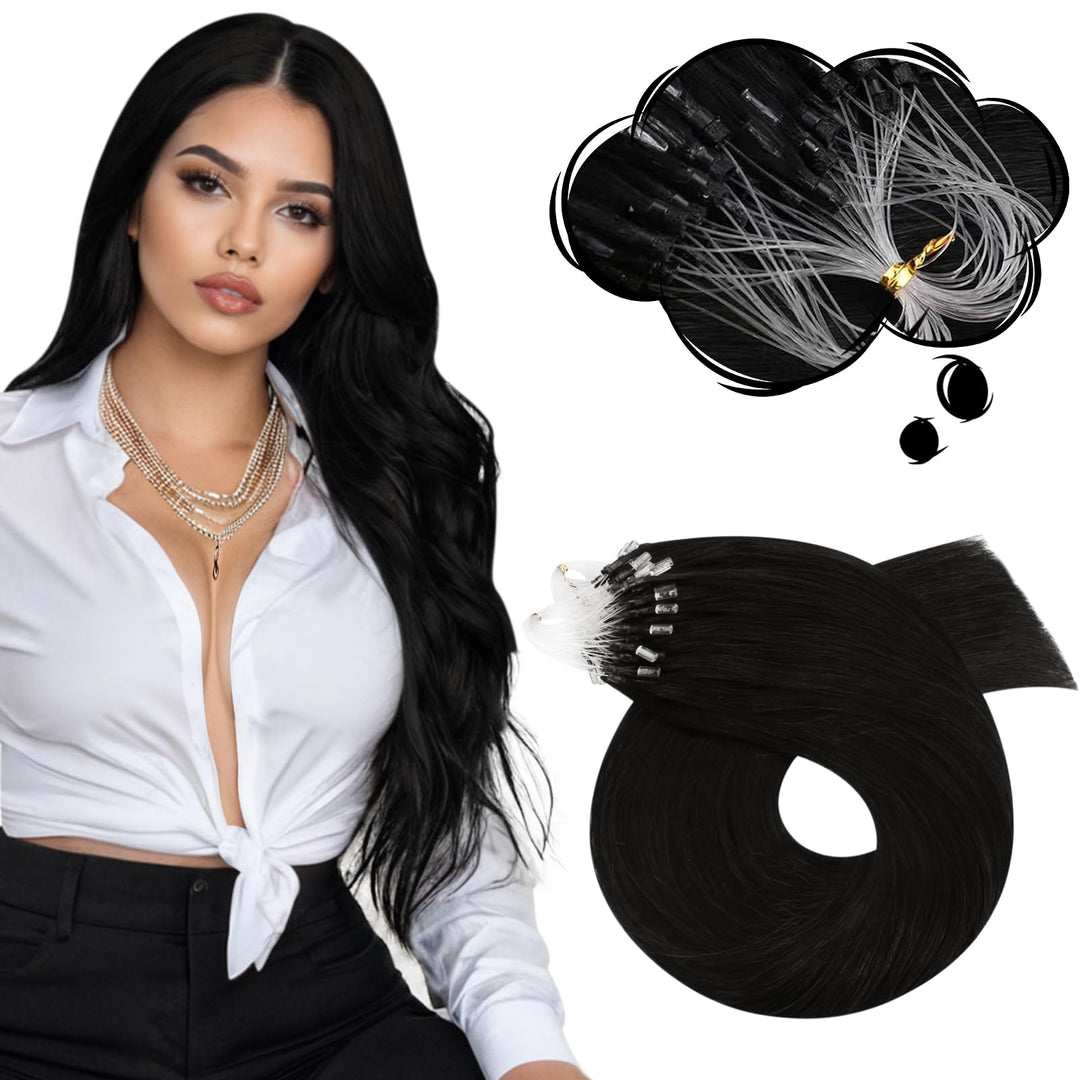 Moresoo Microring Extensions Echthaar 50 cm Micro Ring loop Extension Natürliches Schwarz Haarverlän