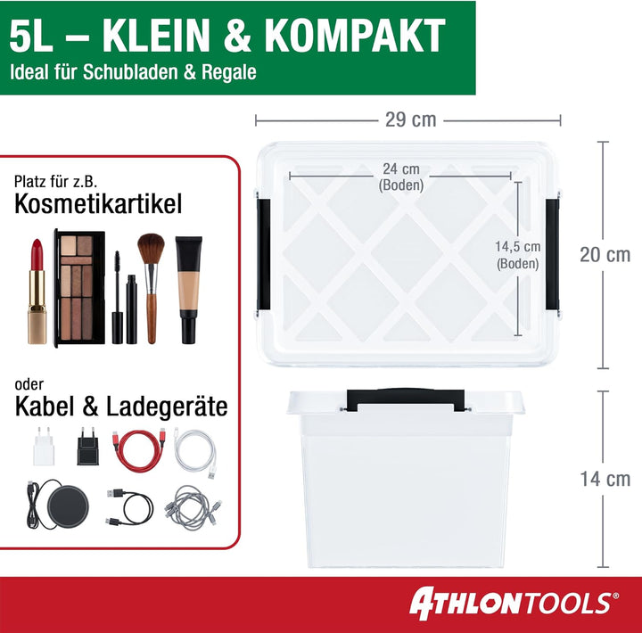 ATHLON TOOLS 6x 5 L Aufbewahrungsboxen mit Deckel, lebensmittelecht - Verschlussclips - 100% Neumate