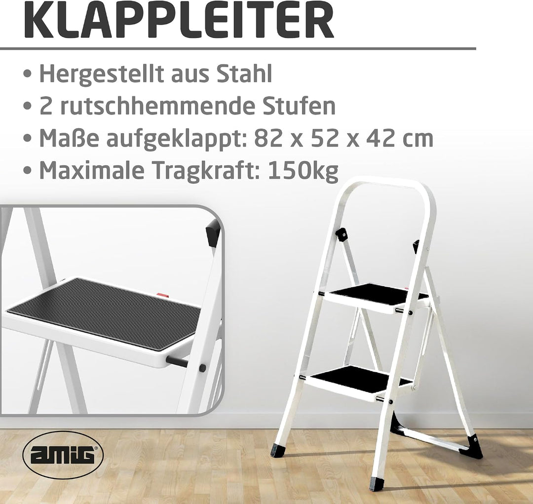 Amig Klappleiter 2 Stufen Stahl Weiss 82x52x42 cm