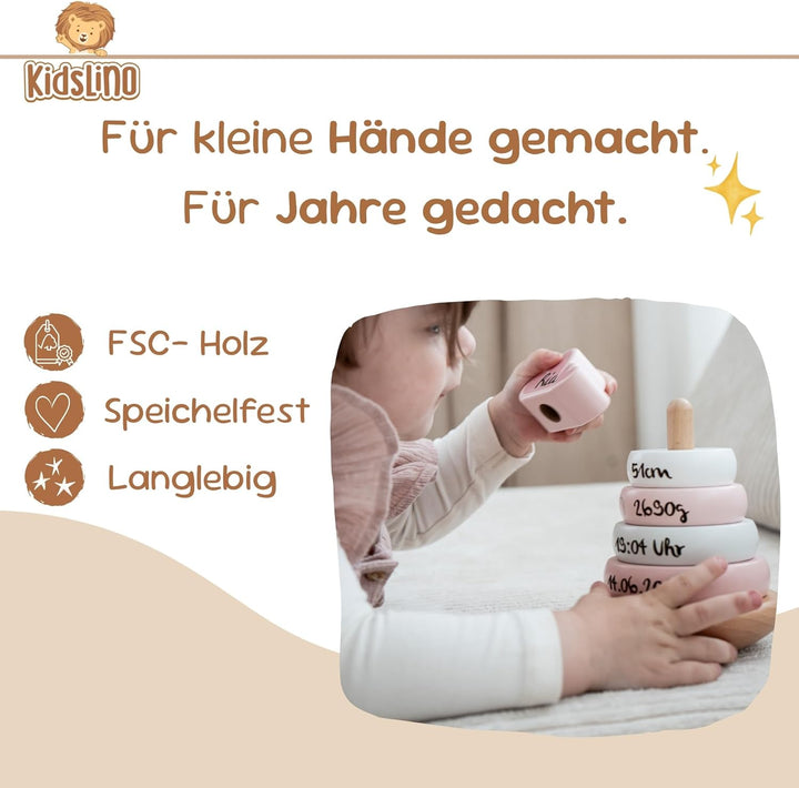 Personalisierbarer Holz-Stapelturm Rosa – fördert Feinmotorik & Koordination – für Kinder ab 12 Mona